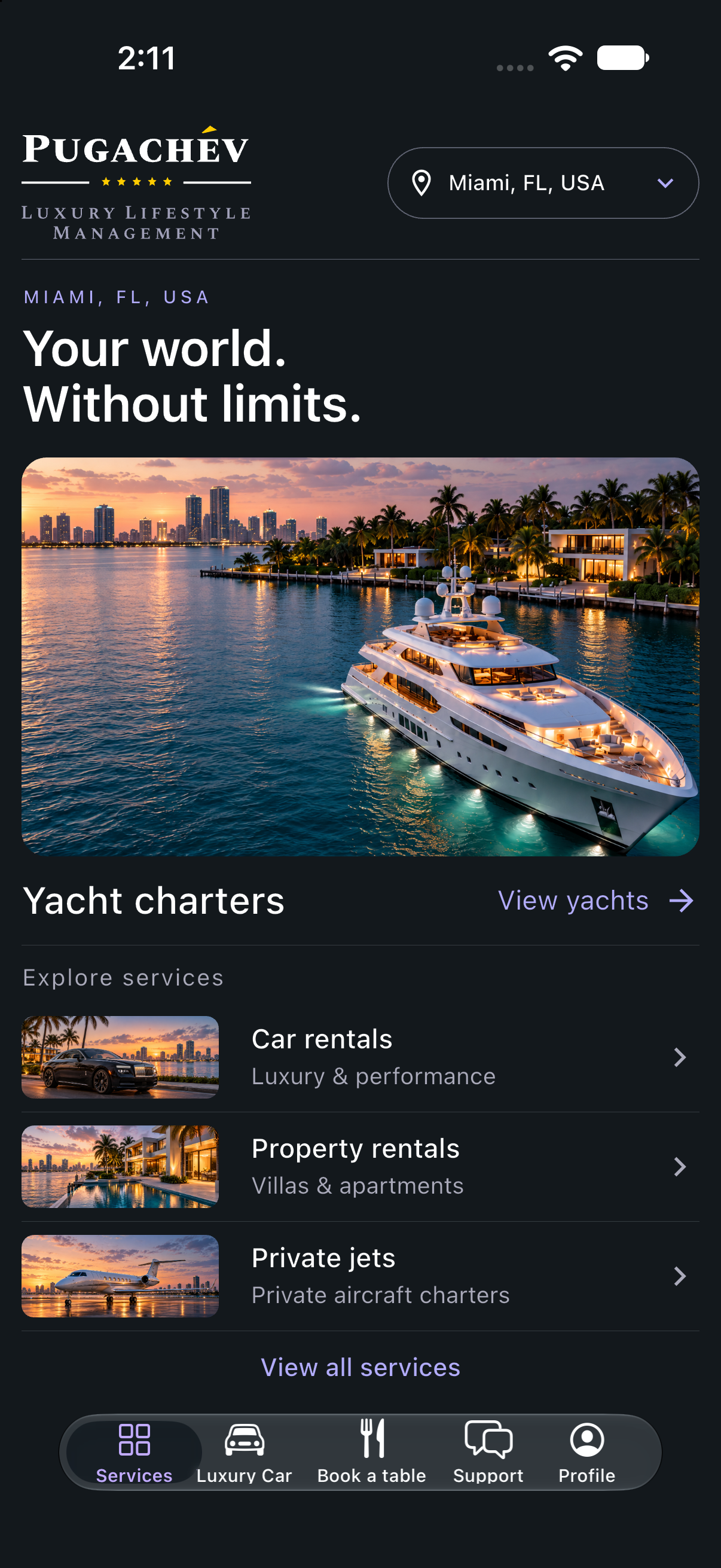 The Pugachev app home screen, with yacht charters, car rentals, property rentals and private jets